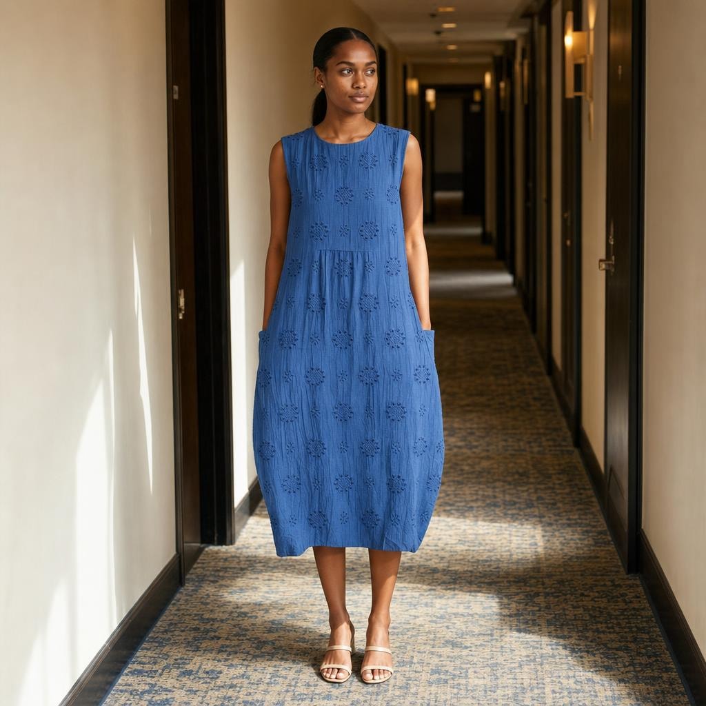 Women's Sleeveless Embroidered Midi Dress in Blue, front view