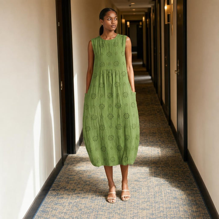 Women's Sleeveless Embroidered Midi Dress in Green, front view