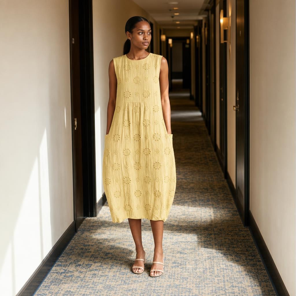 Women's Sleeveless Embroidered Midi Dress in Light Yellow, front view