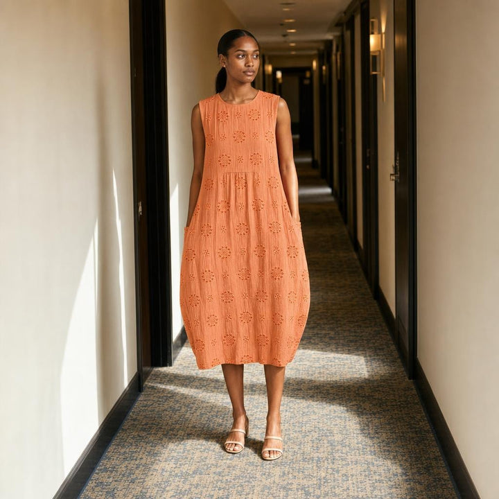 Women's Sleeveless Embroidered Midi Dress in Orange, front view
