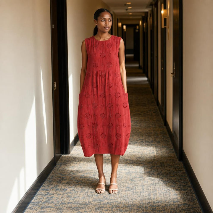 Women's Sleeveless Embroidered Midi Dress in Red, front view
