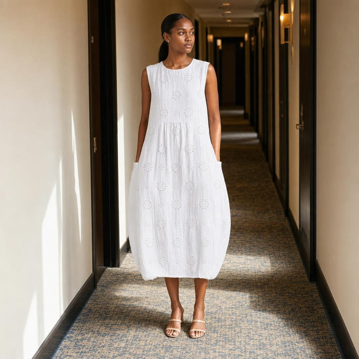 Women's Sleeveless Embroidered Midi Dress in White, front view