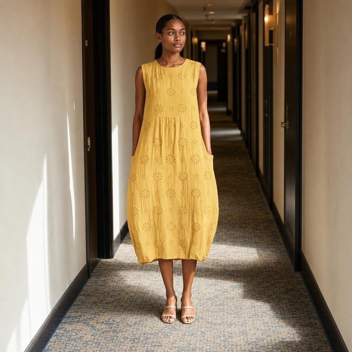 Women's Sleeveless Embroidered Midi Dress in Yellow, front view