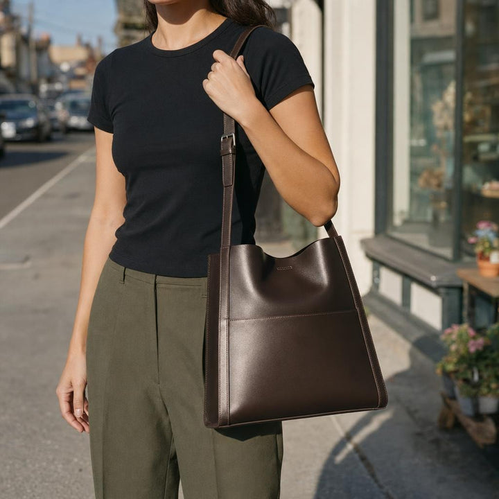 Women's Structured Vegan Leather Bag in Brown, front view