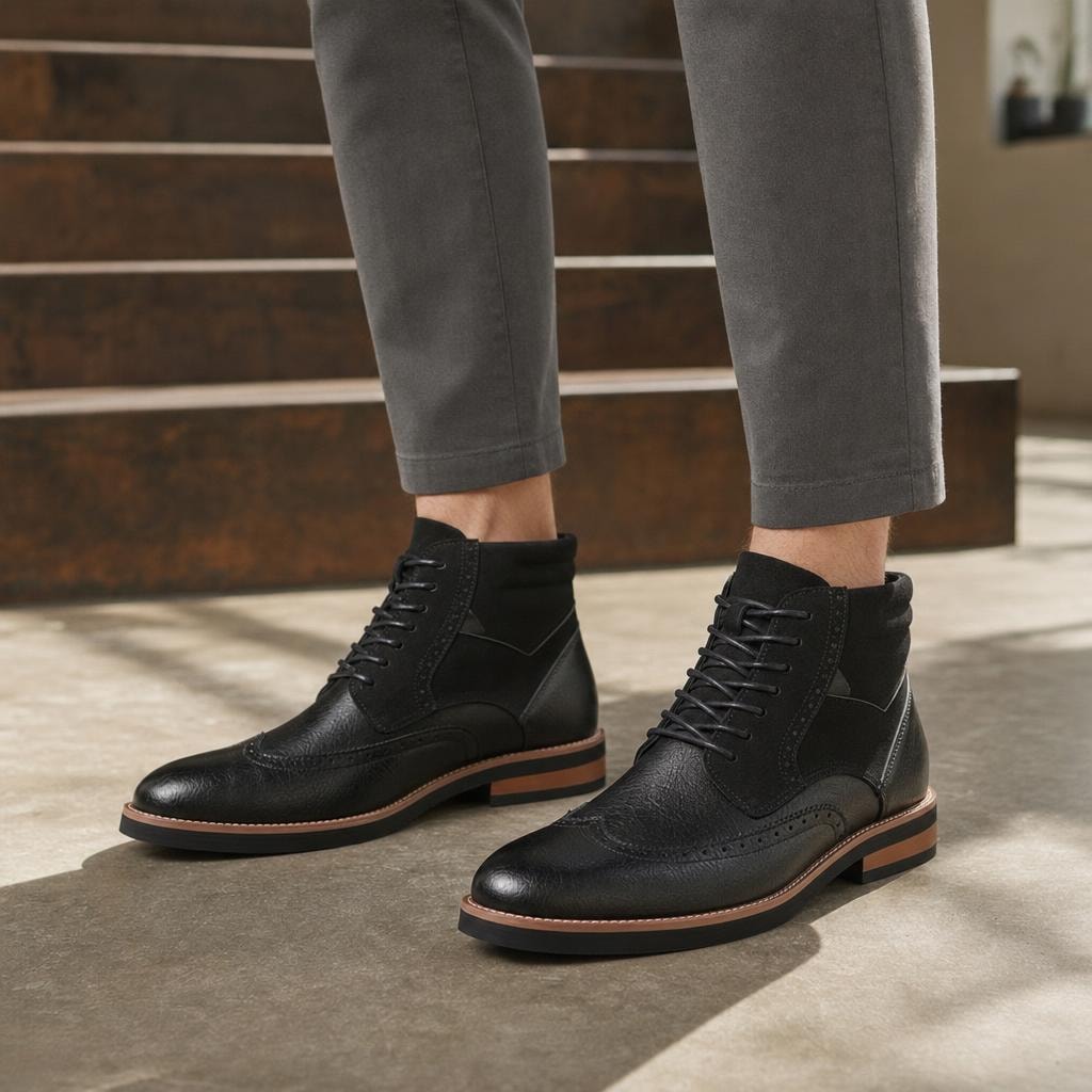 Men's Wingtip Dress Boots in Black, front view