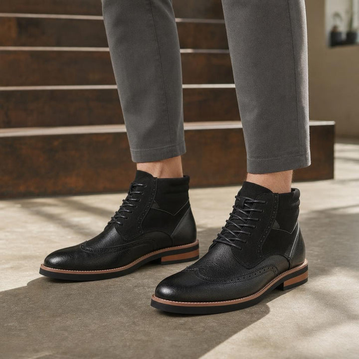 Men's Wingtip Dress Boots in Black, front view