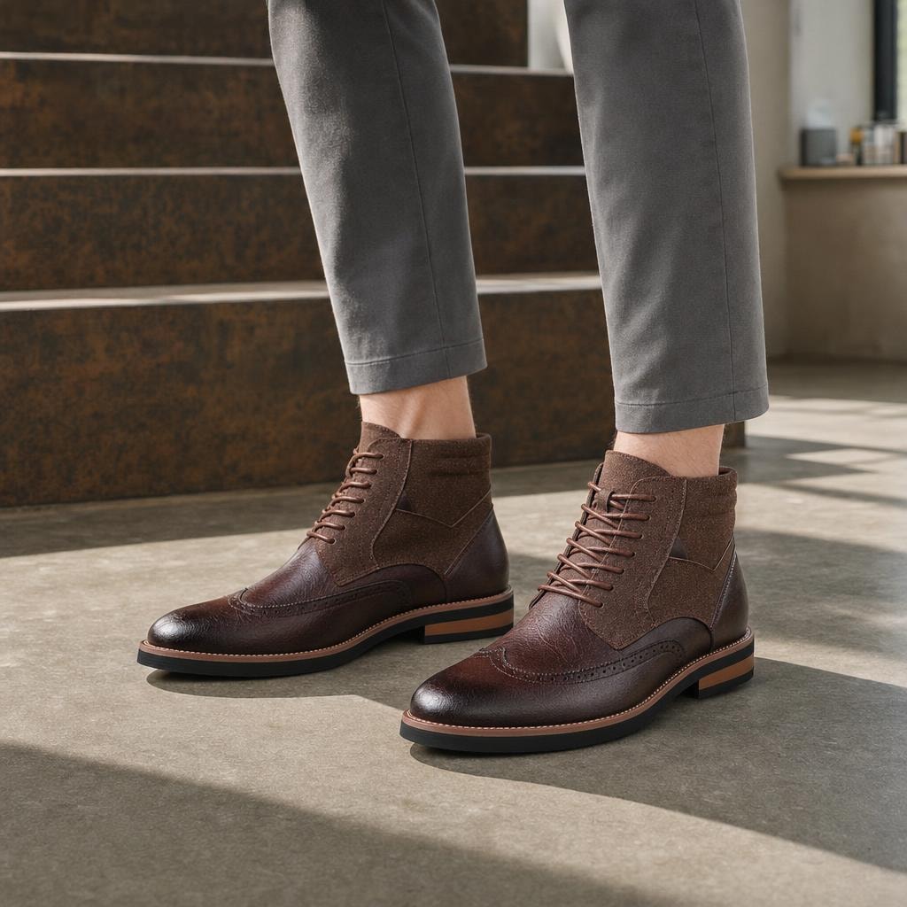 Men's Wingtip Dress Boots in Brown, front view