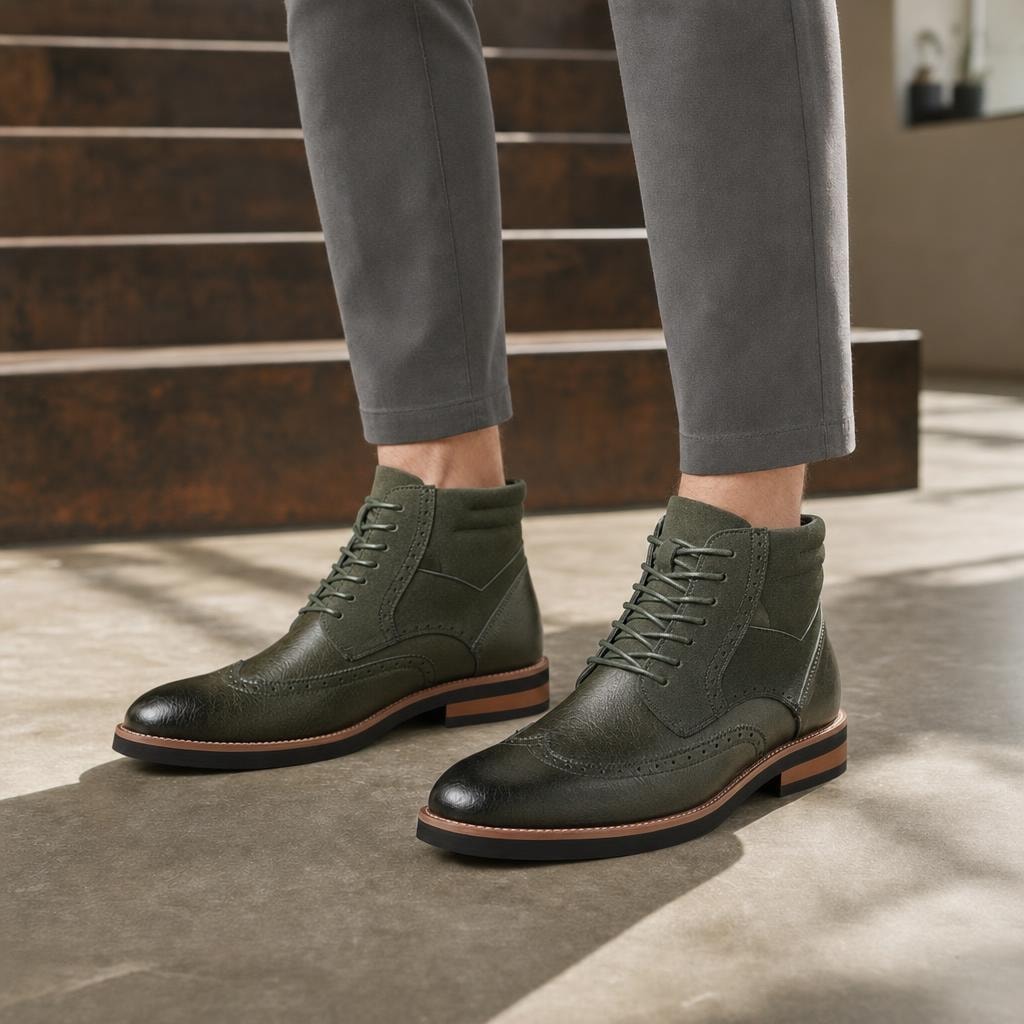 Men's Wingtip Dress Boots in Green, front view