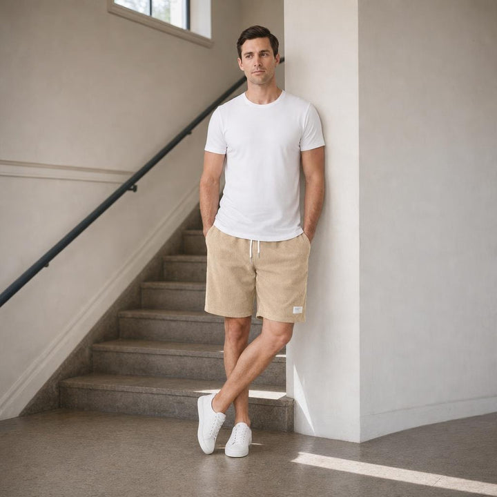 Men's Loose Fit Drawstring Shorts in Beige, front view
