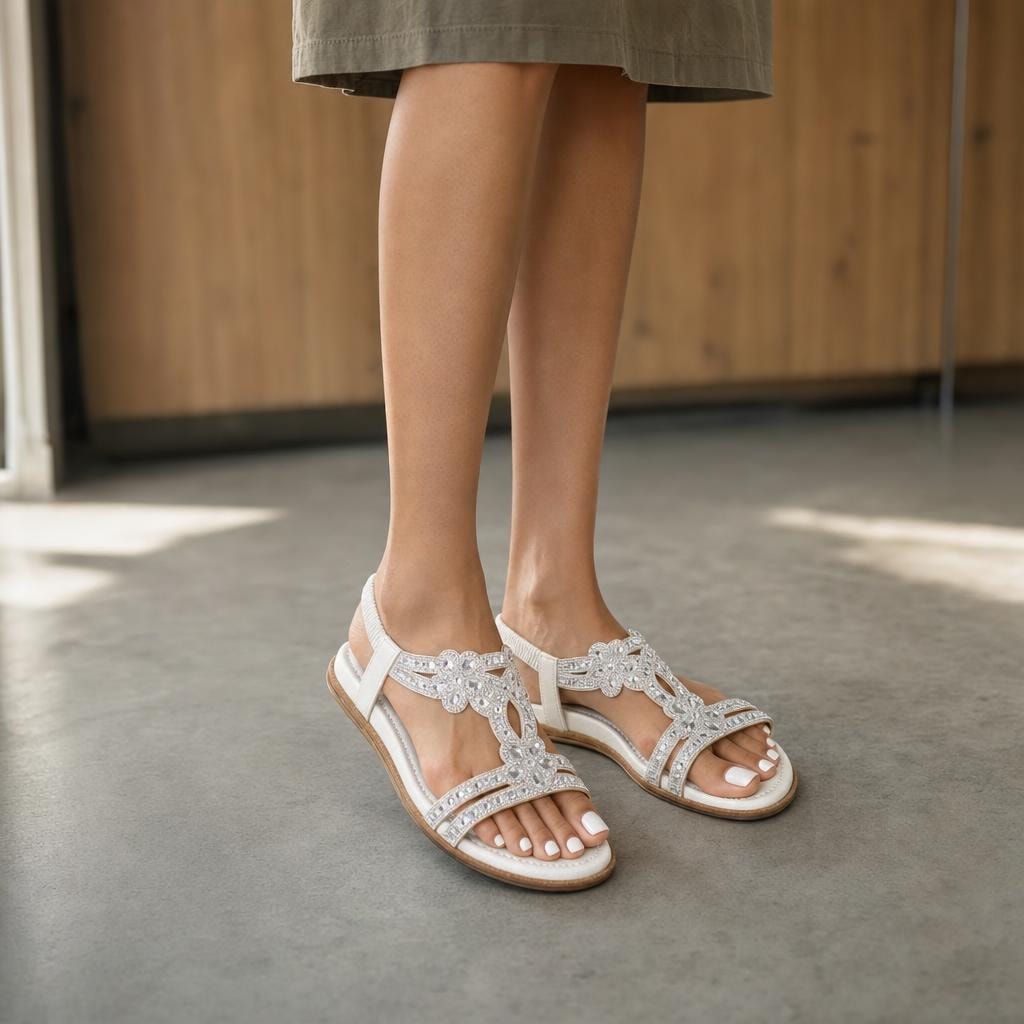 Women's Beaded Open Toe Sandals in White, front view