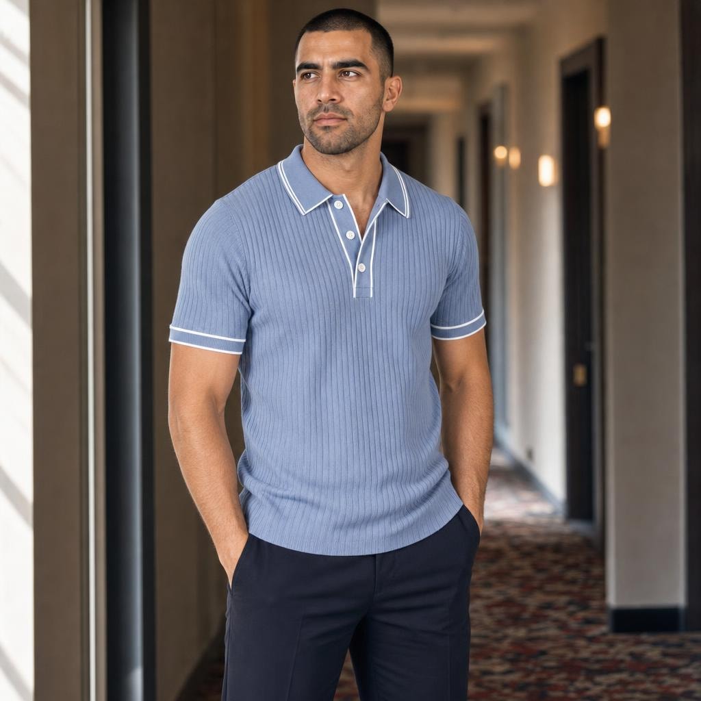 Men's Short Sleeve Polo Shirt in Blue, front view