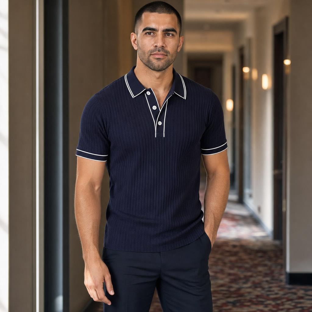Men's Short Sleeve Polo Shirt in Navy Blue, front view