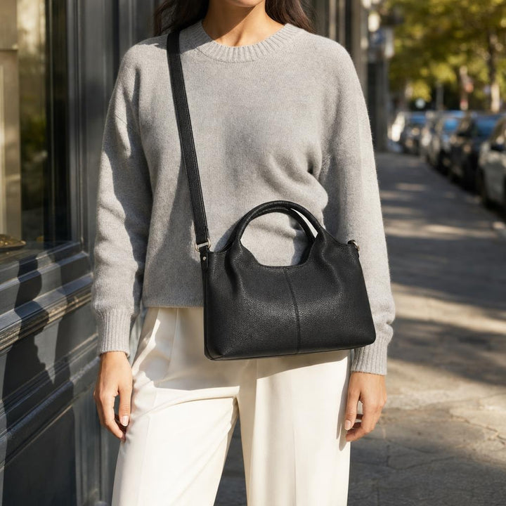 Women's Slouchy PU Leather Bag in Black, front view