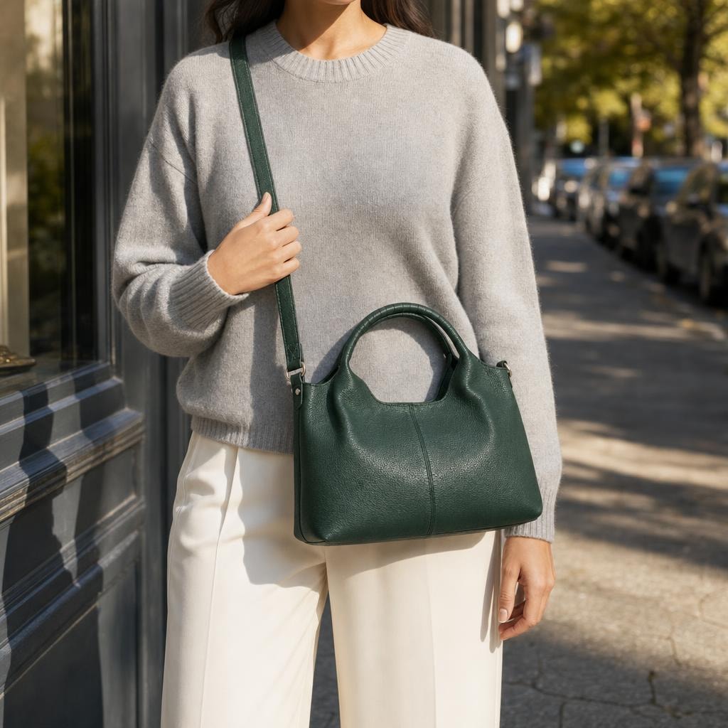 Women's Slouchy PU Leather Bag in Green, front view