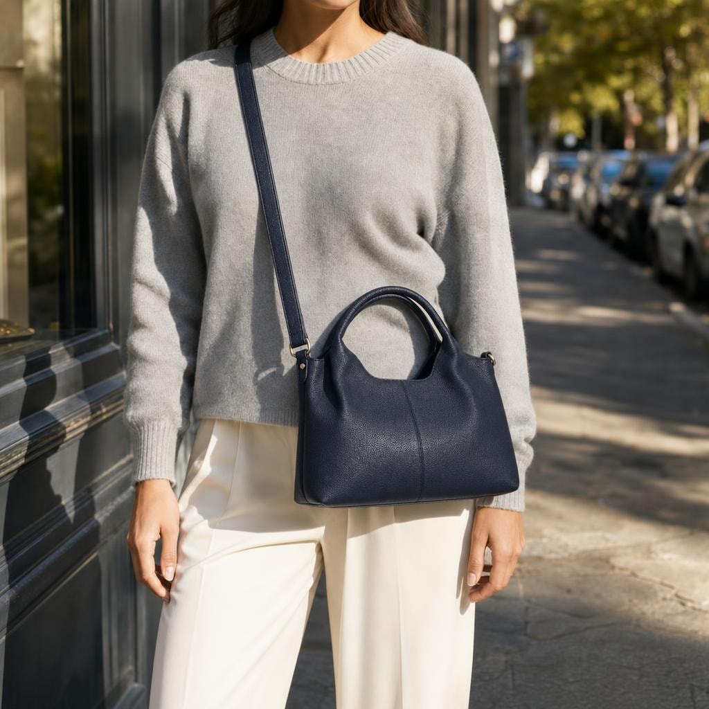 Women's Slouchy PU Leather Bag in Navy Blue, front view