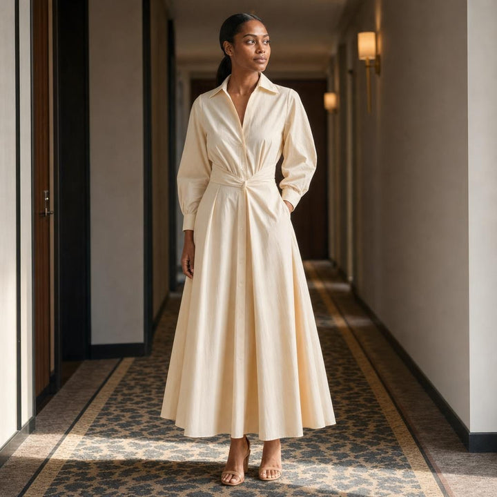 Women's Front Wrap Collared Long Sleeve Maxi Dress in Apricot, front view