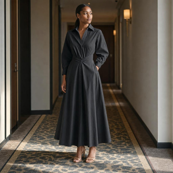 Women's Front Wrap Collared Long Sleeve Maxi Dress in Black, front view