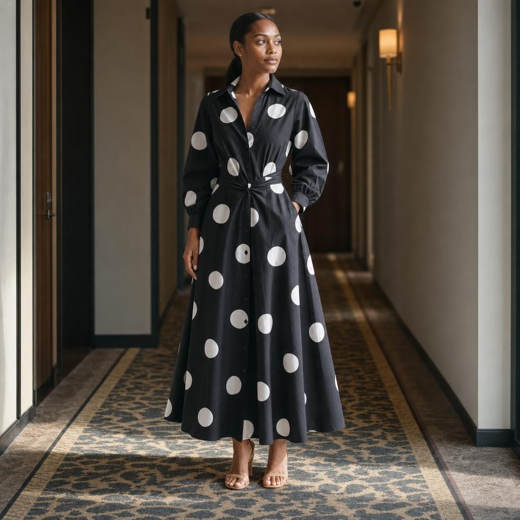 Women's Front Wrap Collared Long Sleeve Maxi Dress in Black Polka, front view