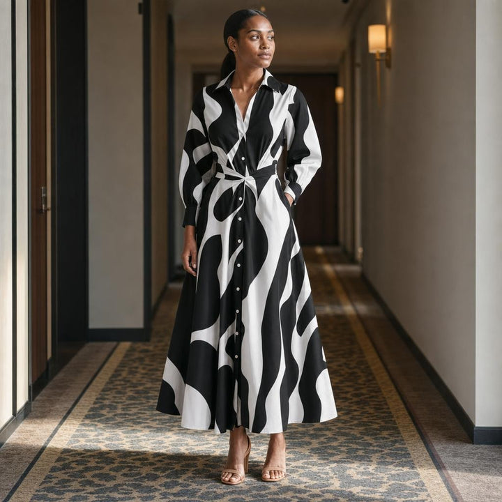 Women's Front Wrap Collared Long Sleeve Maxi Dress in Black Stripe, front view