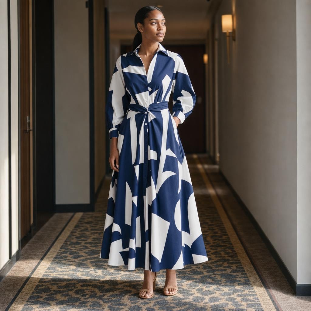 Women's Front Wrap Collared Long Sleeve Maxi Dress in Blue Stripe, front view