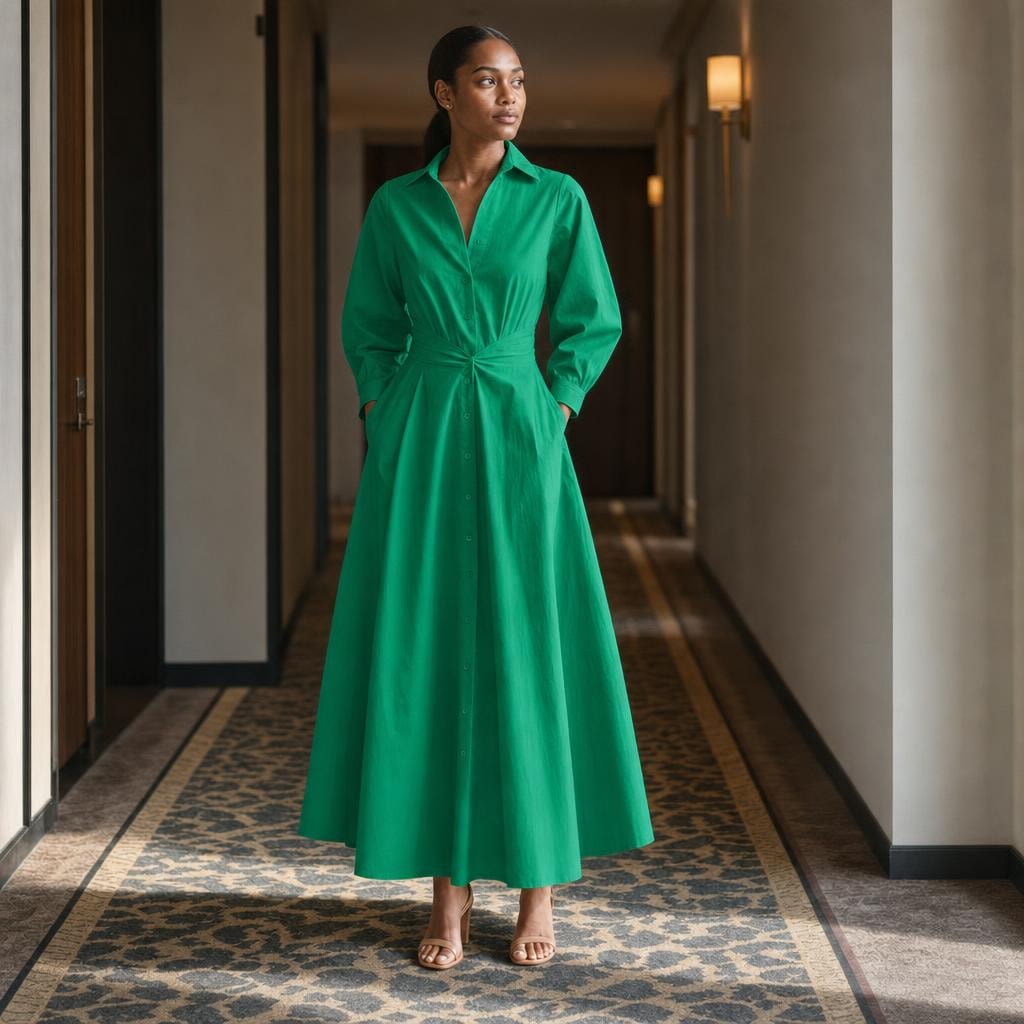 Women's Front Wrap Collared Long Sleeve Maxi Dress in Green, front view