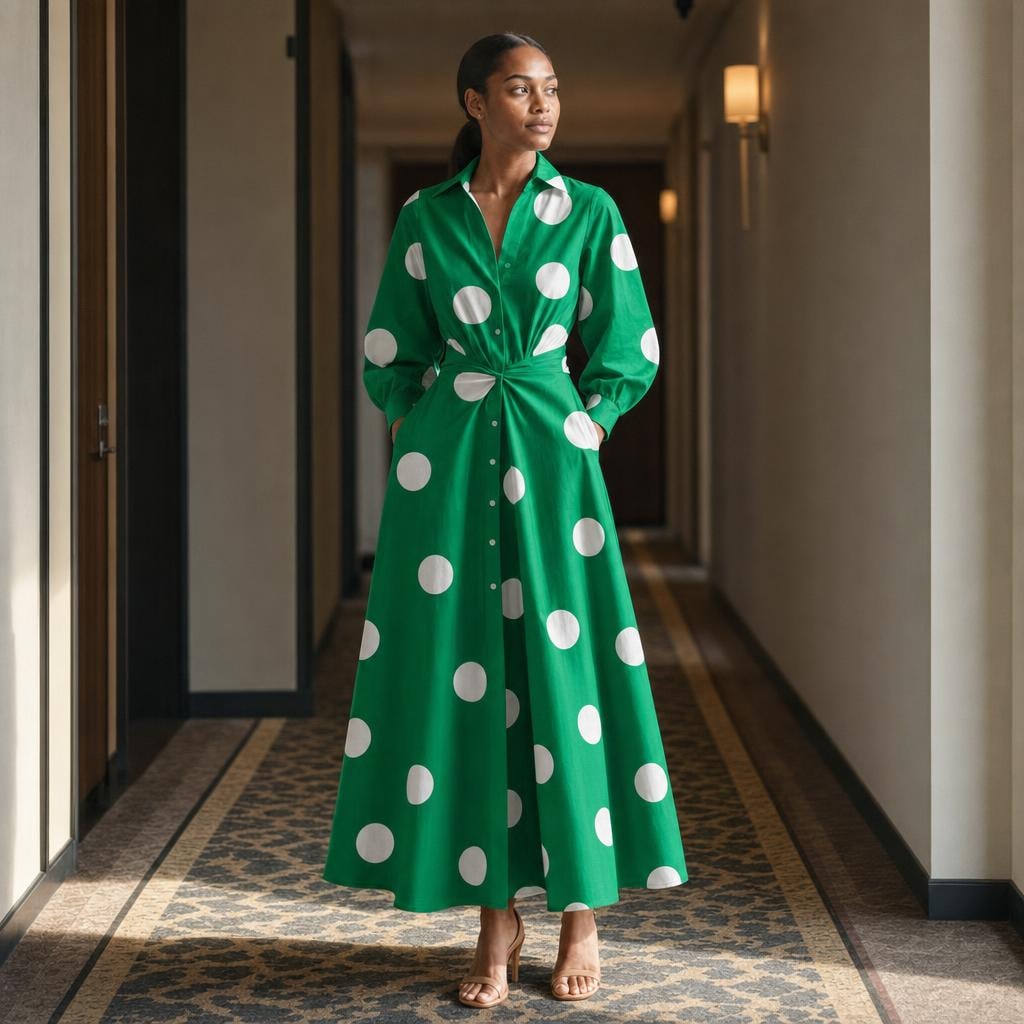 Women's Front Wrap Collared Long Sleeve Maxi Dress in Green Polka, front view