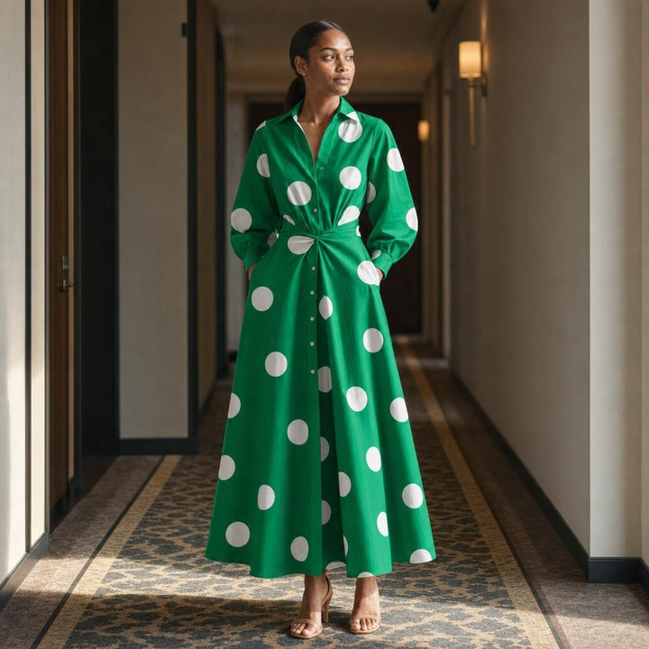 Women's Front Wrap Collared Long Sleeve Maxi Dress in Green Polka, front view