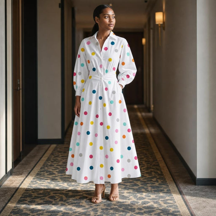 Women's Front Wrap Collared Long Sleeve Maxi Dress in Rainbow Polka, front view