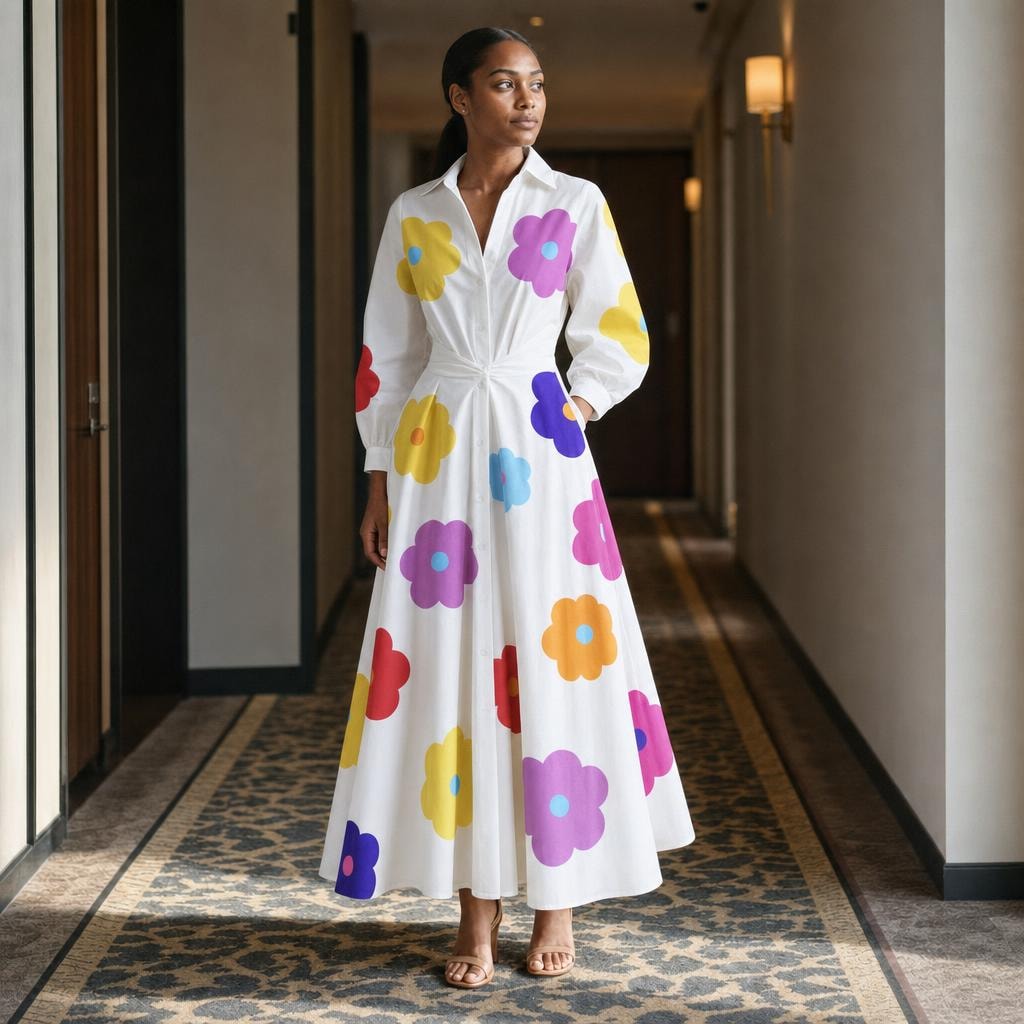 Women's Front Wrap Collared Long Sleeve Maxi Dress in White Flower, front view