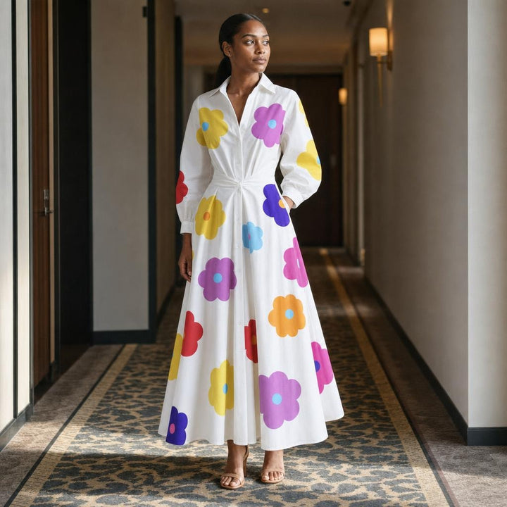 Women's Front Wrap Collared Long Sleeve Maxi Dress in White Flower, front view