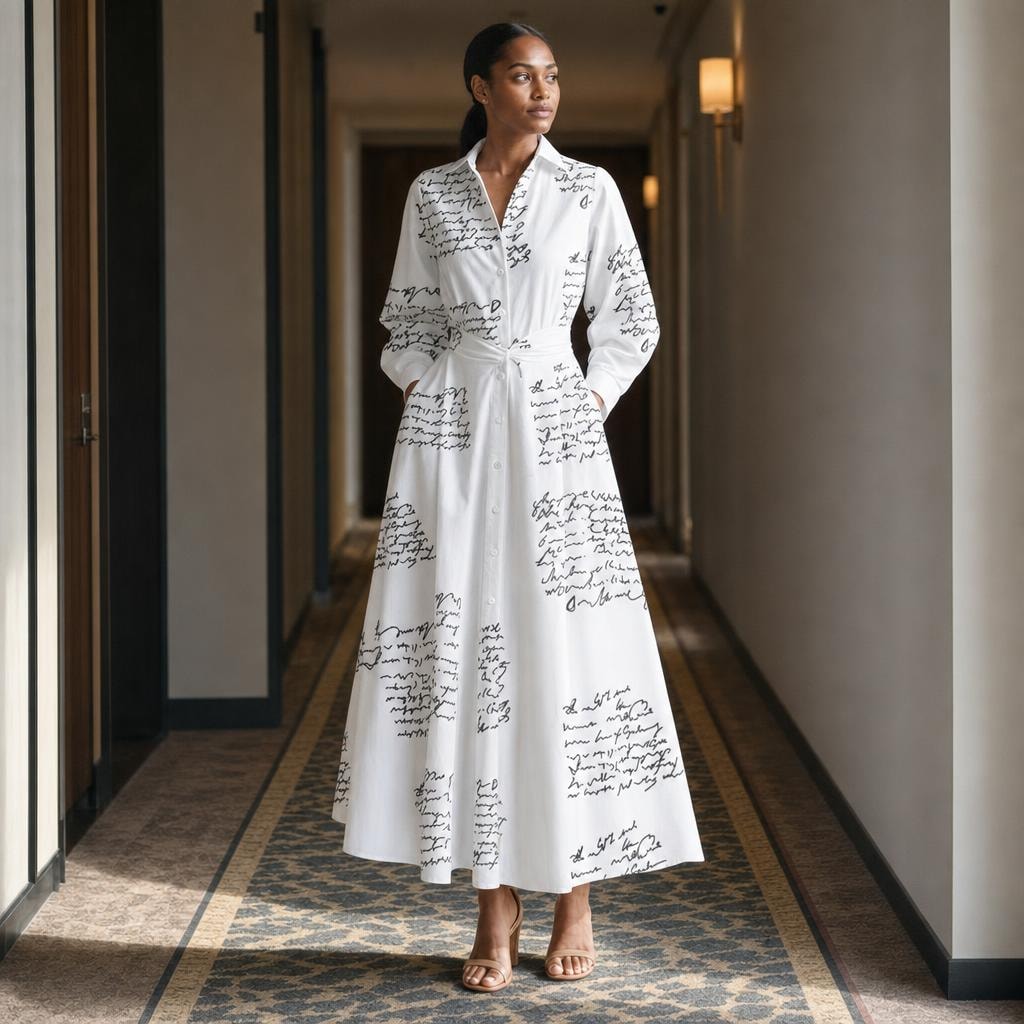 Women's Front Wrap Collared Long Sleeve Maxi Dress in White Letter, front view