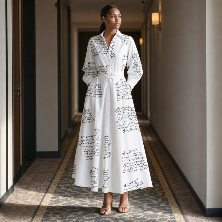 Women's Front Wrap Collared Long Sleeve Maxi Dress in White Letter, front view