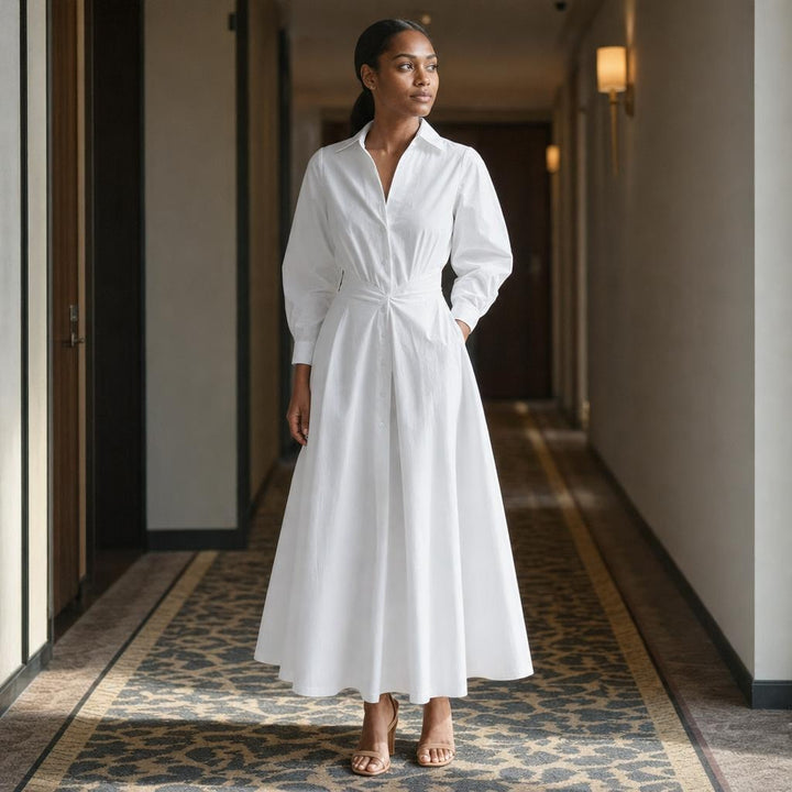 Women's Front Wrap Collared Long Sleeve Maxi Dress in White, front view