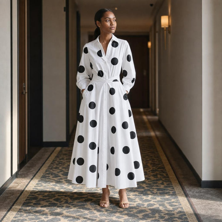 Women's Front Wrap Collared Long Sleeve Maxi Dress in White Polka, front view