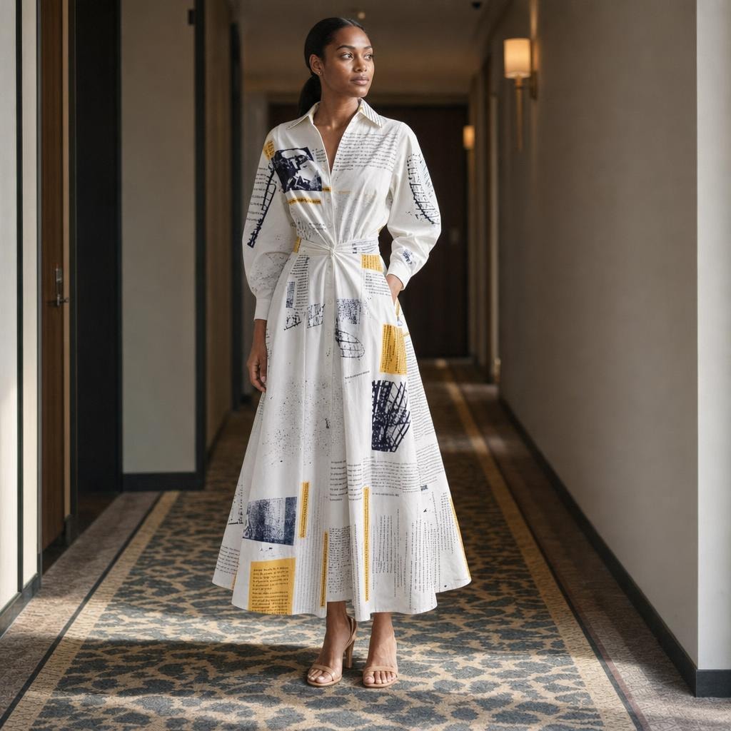 Women's Front Wrap Collared Long Sleeve Maxi Dress in Yellow Newspaper, front view