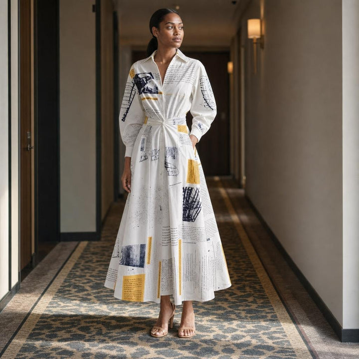 Women's Front Wrap Collared Long Sleeve Maxi Dress in Yellow Newspaper, front view