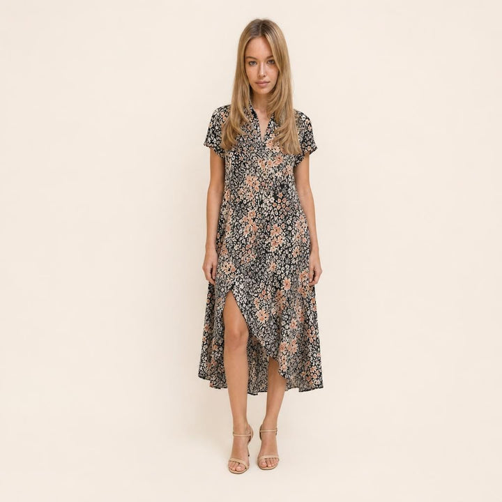 Women's Floral V Neck Midi Dress in Black, front view