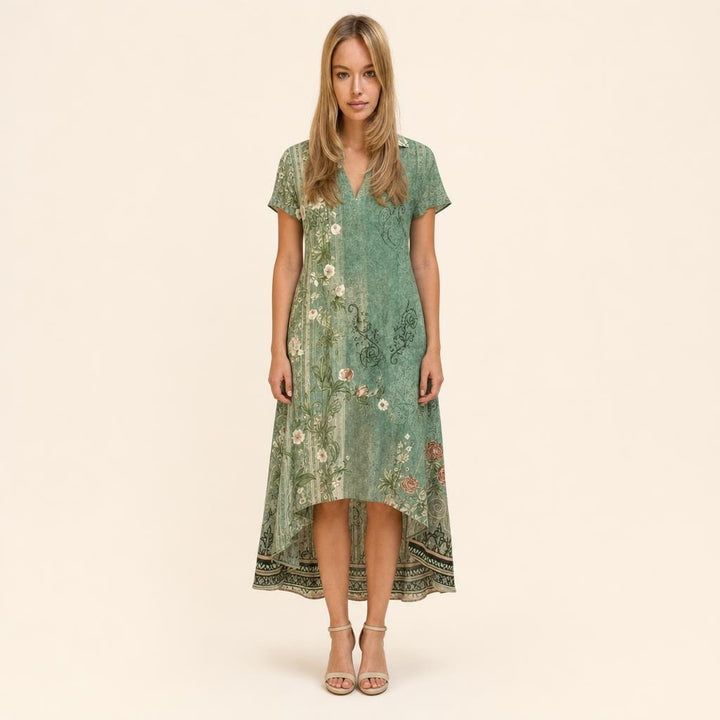 Women's Floral V Neck Midi Dress in Green, front view