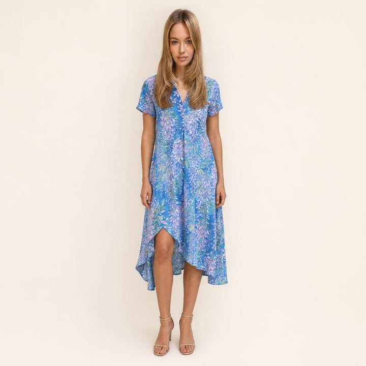 Women's Floral V Neck Midi Dress in Light Blue, front view