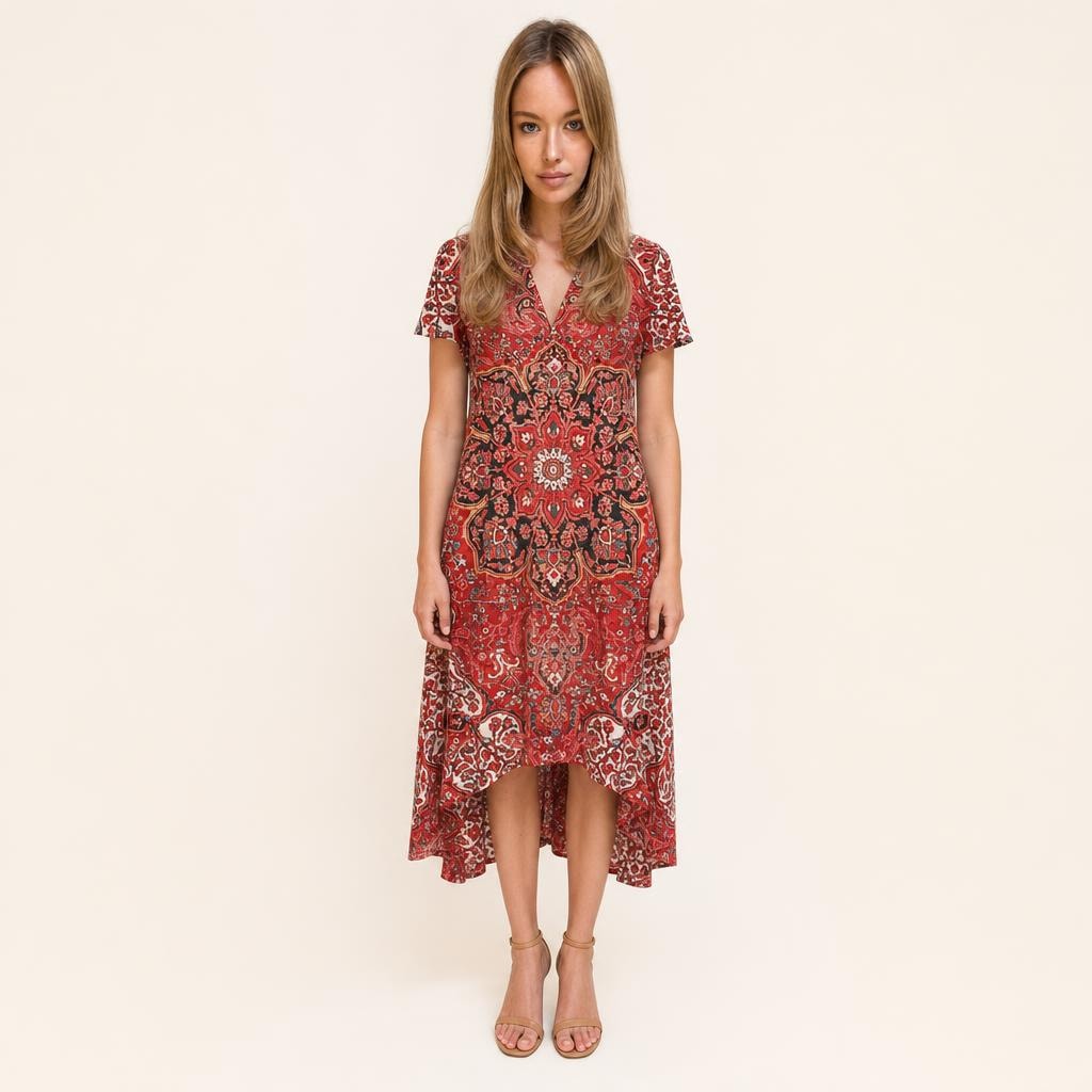 Women's Floral V Neck Midi Dress in Red, front view