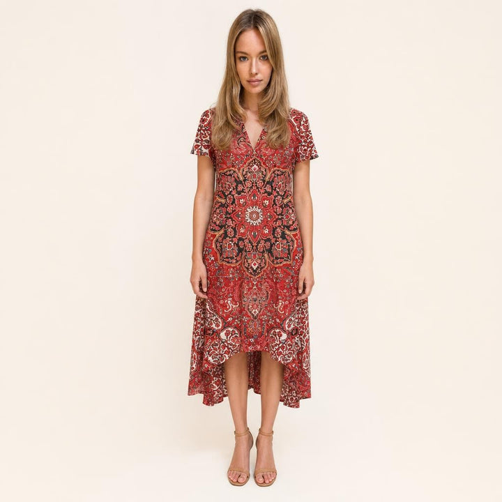 Women's Floral V Neck Midi Dress in Red, front view