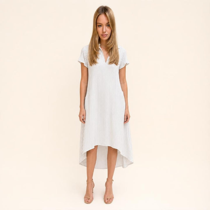Women's Floral V Neck Midi Dress in White, front view