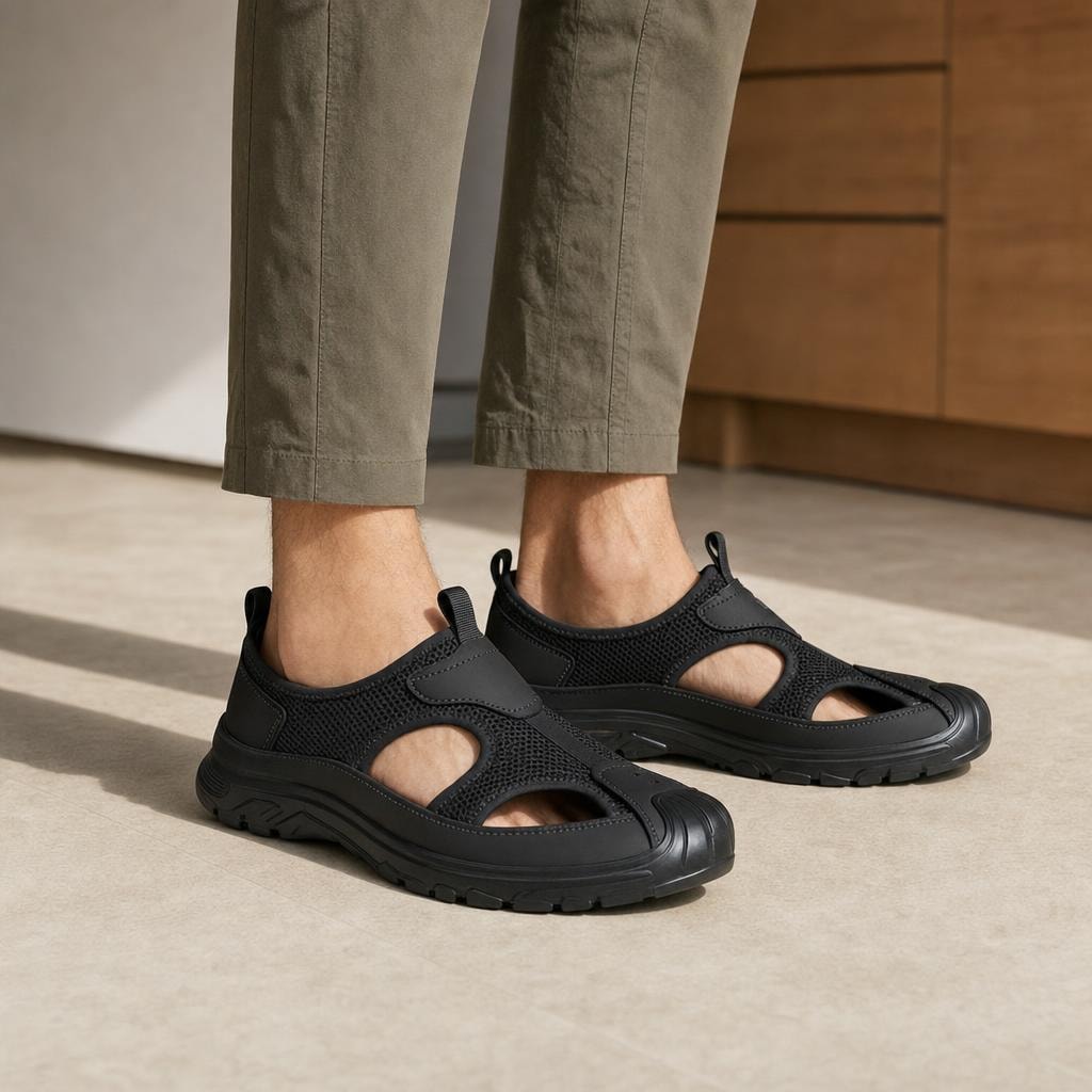 Men's Closed Toe Slip On Sandals in Black, front view