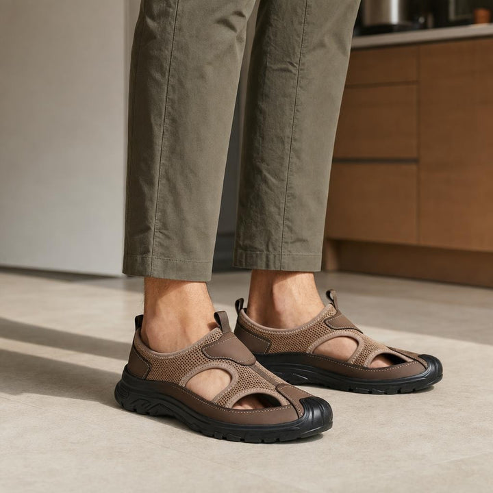 Men's Closed Toe Slip On Sandals in Brown, front view