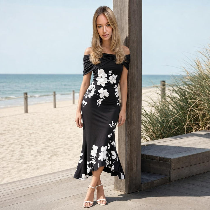 Women's Floral Midi Dress in Black, front view
