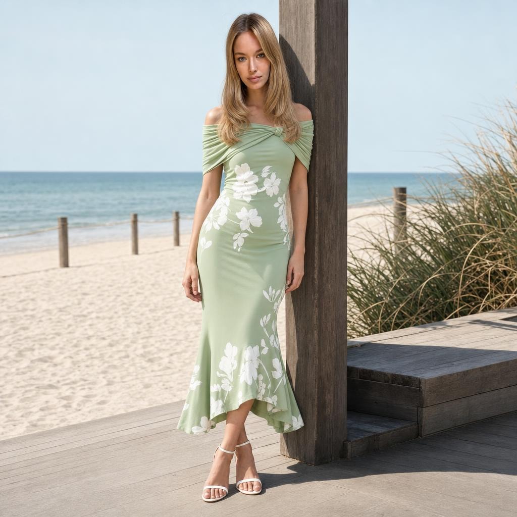 Women's Floral Midi Dress in Green, front view