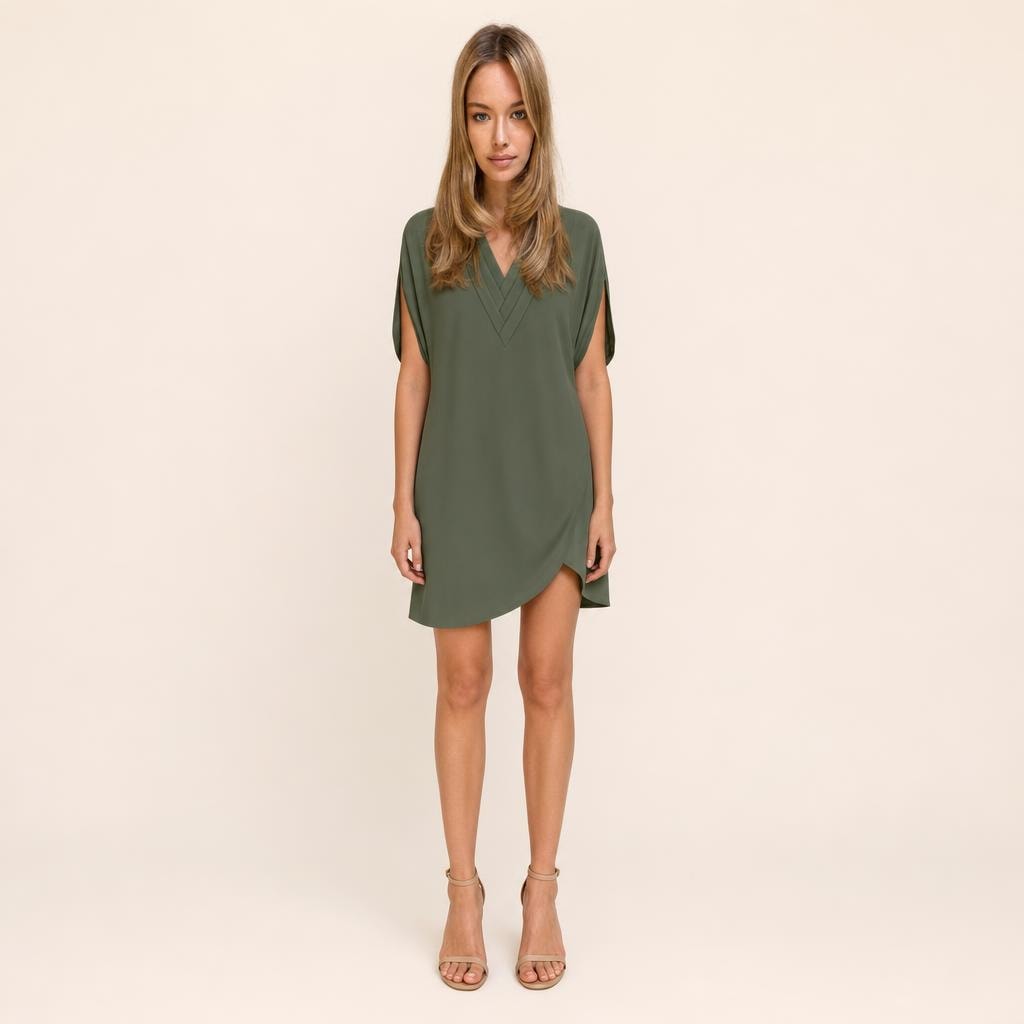 Women's V Neck Mini Dress in Army Green, front view