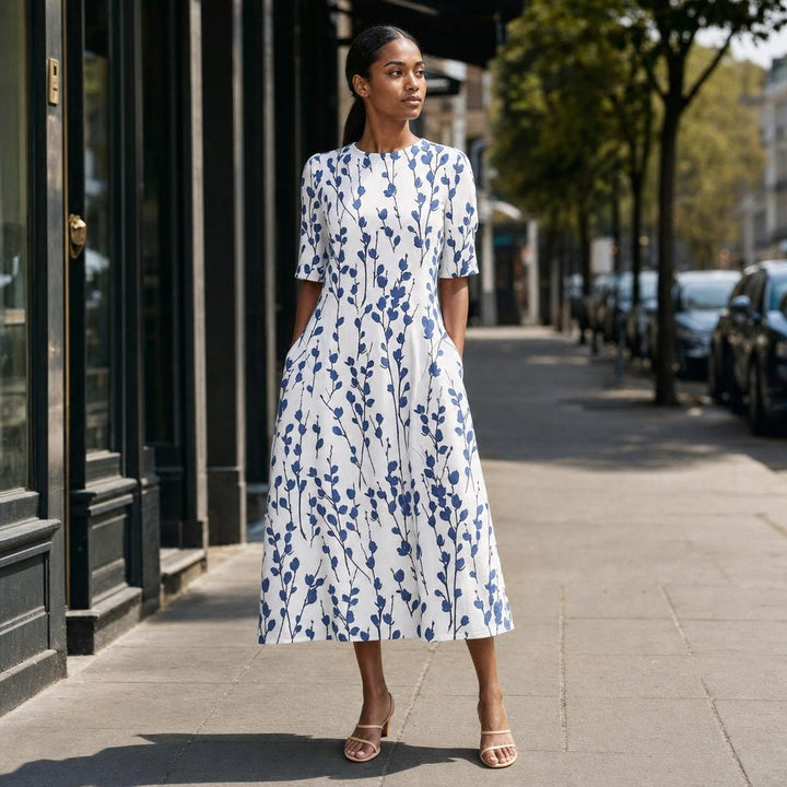Women's Floral Print Midi Dress in Blue, front view