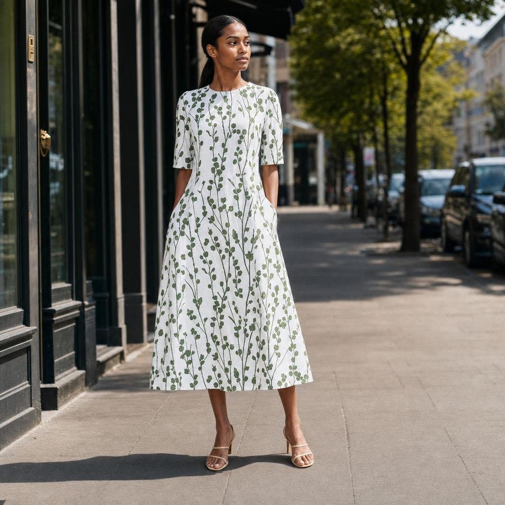 Women's Floral Print Midi Dress in Green, front view