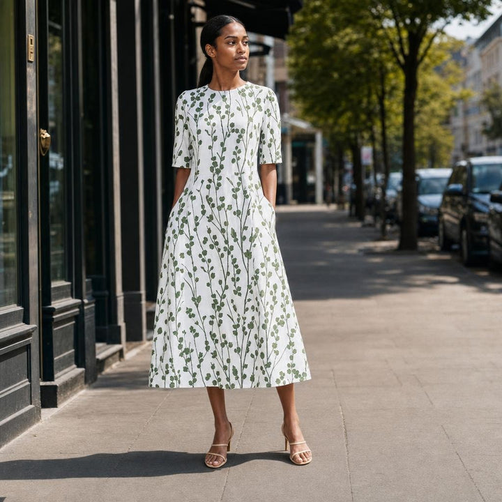 Women's Floral Print Midi Dress in Green, front view